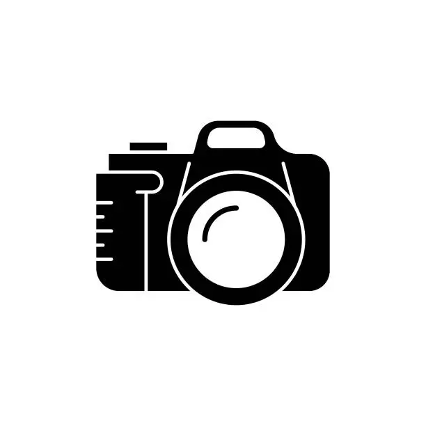 Vector illustration of DSLR Camera solid icon design on a white background. This black flat icon suits infographics, web pages, mobile apps, UI, UX, and GUI designs.