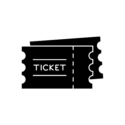 Ticket solid icon design on a white background. This black flat icon suits infographics, web pages, mobile apps, UI, UX, and GUI designs.