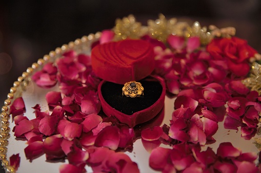 The picture shows a beautiful wedding gold ring presented in a plate full of red roses.