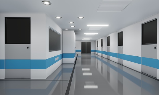 The corridor of an empty mental hospital.