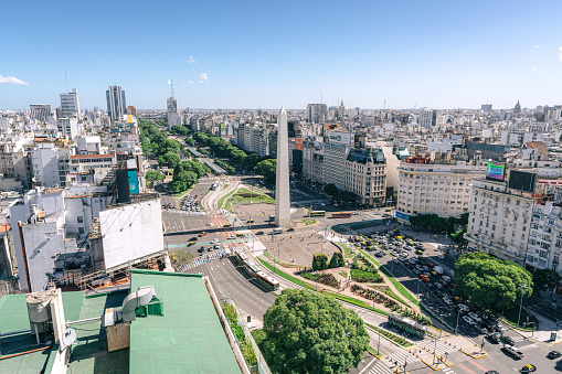 Panoramic aerial shot of Buenos Aires, showcasing urban architecture, green spaces, and busy streets.