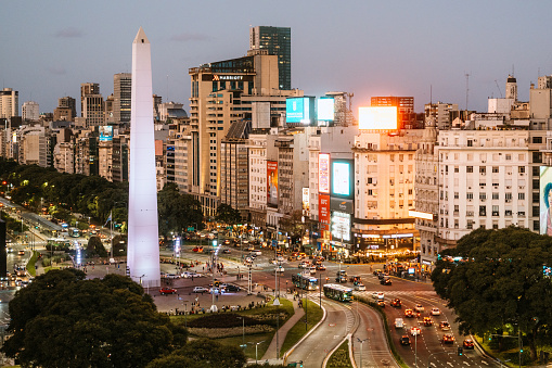 Captivating aerial view of Buenos Aires at twilight, with its vibrant streets and buildings illuminated against the descending night.