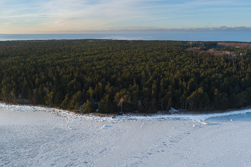 Estonian island of Aegna on a winter day, drone air photography. High quality photo