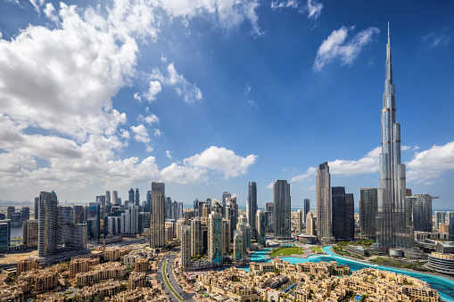 Panoramic view of the downtown Business Bay district skyline of Dubai, UAE, during a clear, sunny day