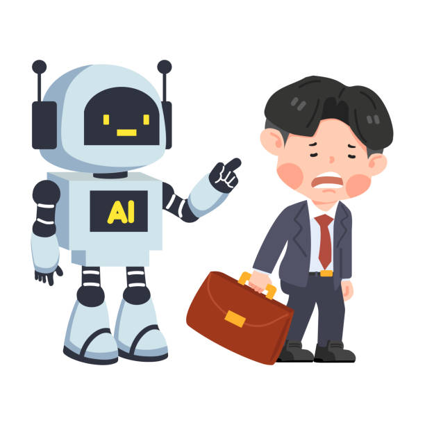 businessman Replacement of job by robot cartoon businessman Replacement of job by robot cartoon flat cartoon robot images stock illustrations