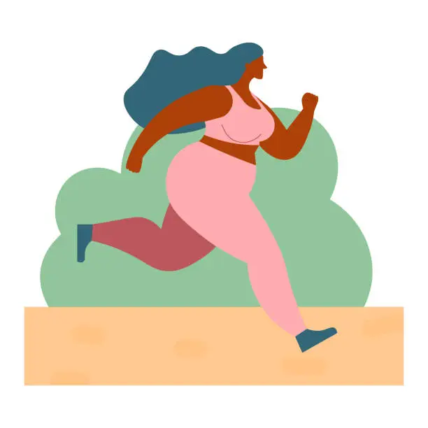 Vector illustration of Vector flat illustration. lose weight. young woman is running. Overweight. physical activity.