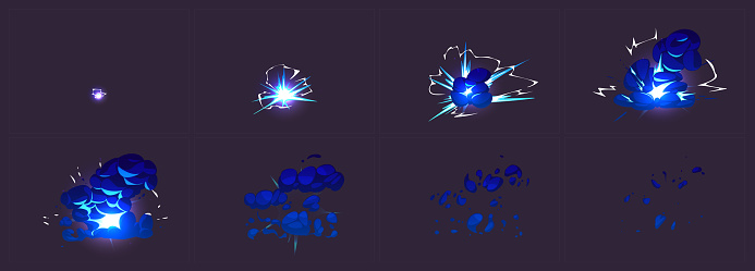 Blue explosion animation sprite sheet isolated on black background. Vector cartoon illustration of light spot, blast boom effect, cloud of smoke spreading and disappearing in air, magic power strike