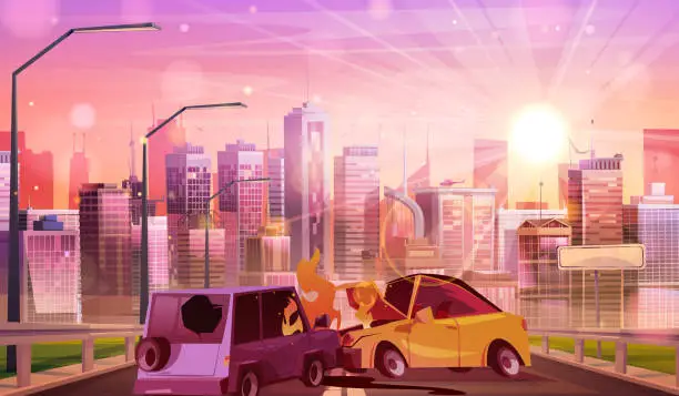 Vector illustration of Car accident on highway, cityscape background