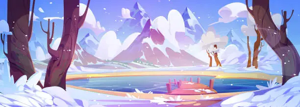 Vector illustration of Frozen lake with wooden pier and winter mountains