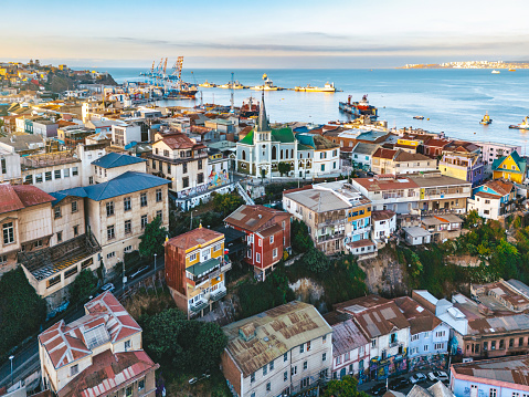 drone view over old town Valparaiso – Chile at late afternoon