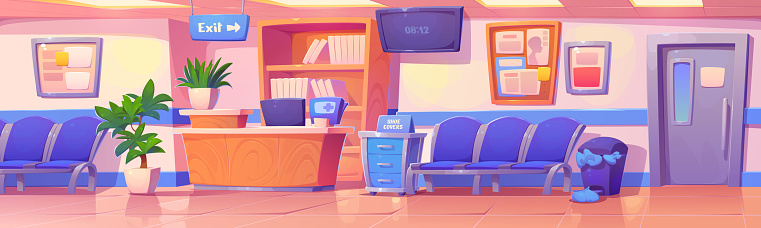 Hospital reception interior with desk and computer, chairs for patients to sit in, posters and decorative plants. Cartoon vector of waiting room of medical service and healthcare department.
