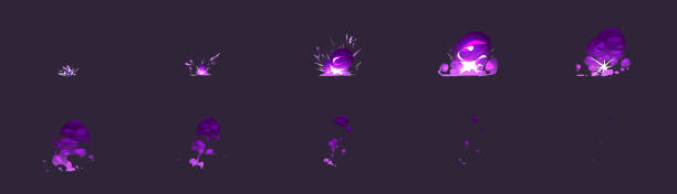 Magic explosion with flash and steam sprite sheet Magic explosion with purple flash and steam sprite sheet for 2d animation. Cartoon vector set of sequence for explosive effect with fire, smoke and sparkles. Energy of bomb or dynamite blast clouds. fireworks accident stock illustrations