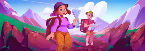 Vector illustration of Tourists hiking in mountains with maps