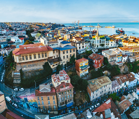 drone view over old town Valparaiso – Chile at late afternoon