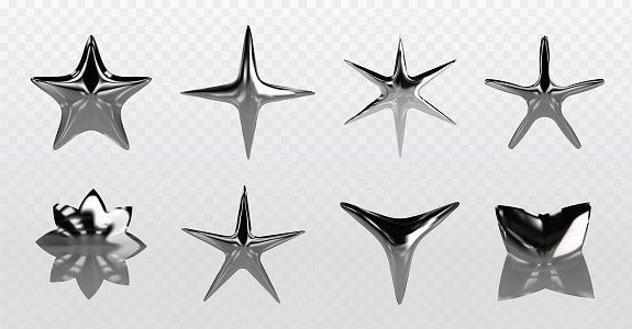 Chrome y2k stars of various shapes - 3d realistic vector illustration set of silver inflatable liquid metal abstract forms. Graphic design elements made of glossy steel or mercury with reflections.