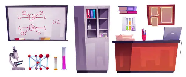 Vector illustration of School chemistry classroom or science lab supplies