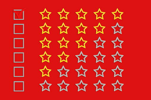 Gold, gray five stars shape on a red background. Rating stars with tick. Feedback evaluation. Rank quality. Check boxes