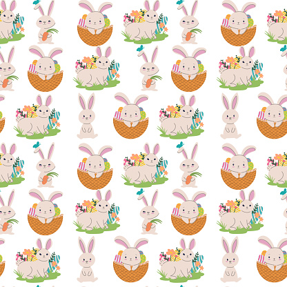 Colorful seamless pattern with spring easter concept. Easter watercolor pattern with easter rabbits and eggs isolated on white background. Srock illustration