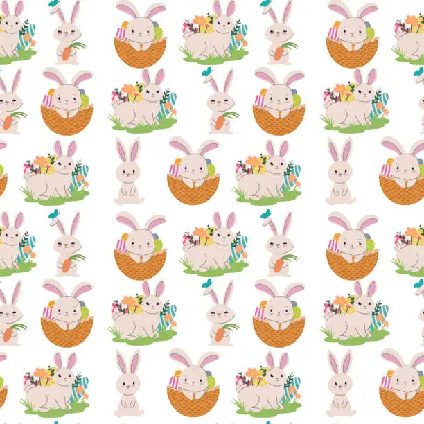 Vector illustration of Colorful seamless pattern with spring easter concept. Easter watercolor pattern with easter rabbits and eggs isolated on white background. Srock illustration