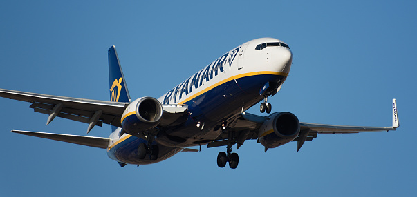 Tenerife, Spain February 18 st, 2024. Boeing 737-8AS Ryanair Airlines flies in the blue sky. Landing at Tenerife Airport
