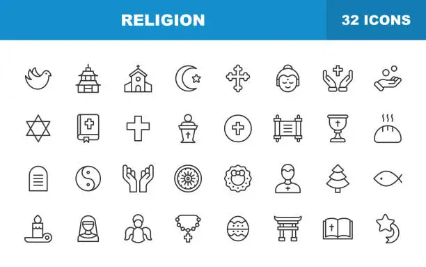 Vector illustration of Religion Line Icons. Editable Stroke. Contains such icons as God, Faith, Praying, Christian, Catholic, Church, Islam, Judaism, Muslim, Hinduism, Meditation, Bible, Christmas.