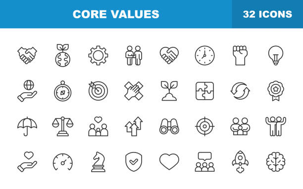 illustrations, cliparts, dessins animés et icônes de icônes de ligne de valeurs fondamentales. trait modifiable. contient des icônes telles que la responsabilité, la vision, l’éthique des affaires, la loi, la moralité, le travail d’équipe, la croissance, la confiance, la qualité, l’innovation, l - modèle social