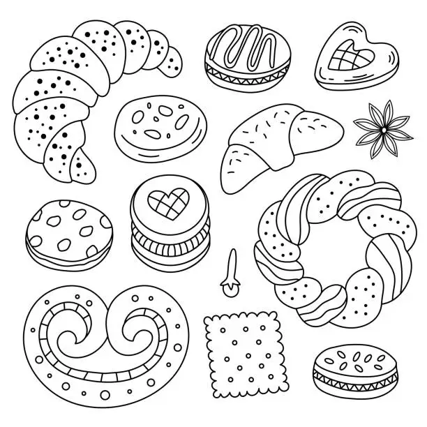 Vector illustration of Set of different sweet. Croissant, macarons, biscuits.