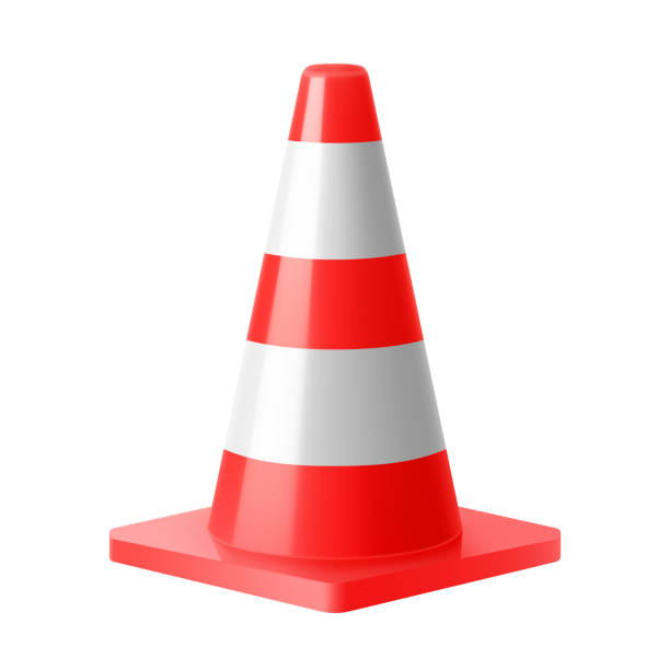 istock Plastic red road cone. White striped traffic cone isolated on white background. Safety traffic. Security warning. Realistic 3d vector illustration 2025245141