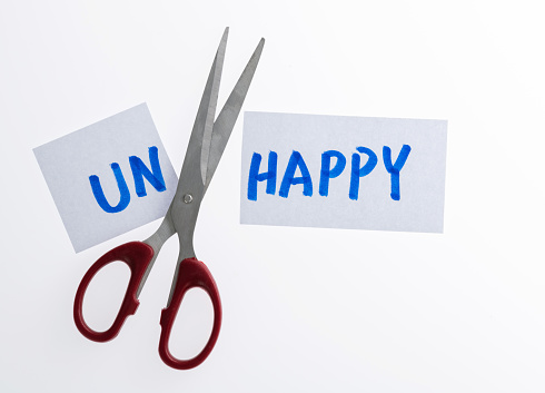 Scissors cutting word unhappy to happy