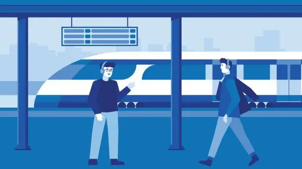 Vector illustration of People Waiting Train on Railway Station. Meeting with Friends, Waiting Boarding on Platform