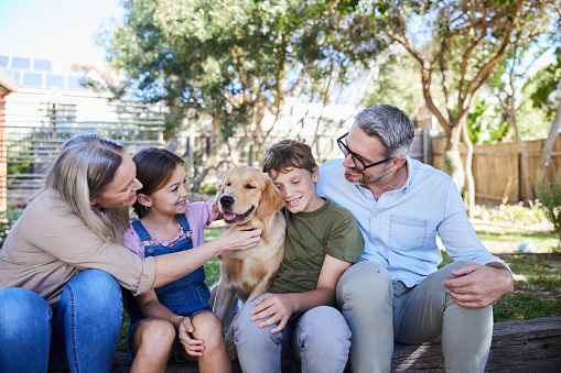 Smiling parents and their two young children petting their golden retriever while sitting outside in their back yard in summer