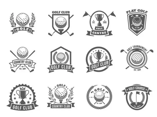 Vector illustration of Golf logo. Emblem badges with golf clubs and balls for course emblem, retro country club badges with tee and ball. Vector isolated set