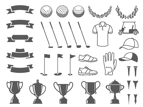 Golf elements collection. Tee icons, ball silhouettes, cup stickers and ribbons, ball markers and putter badges. Sport game elements vector set of sport goblet and cap illustration