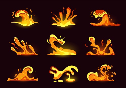Lava splash game effect. Cartoon magma splash animation, bloody molten blob splash motion graphic for game asset. Vector hot lava in motion set of effect lava magma illustration