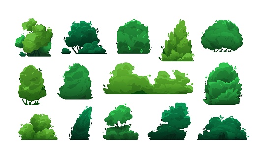 Cartoon bushes. Green shrubs and trees for garden, hedge and field, floristic decorative elements in flat style. Vector isolated set of garden green plant, tree forest illustration
