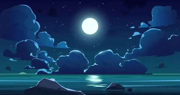 Vector illustration of Cartoon night sea sky. Midnight sky with moon, blue moonlight and stars, magic evening seascape of ocean shore and cumulus clouds. Vector landscape