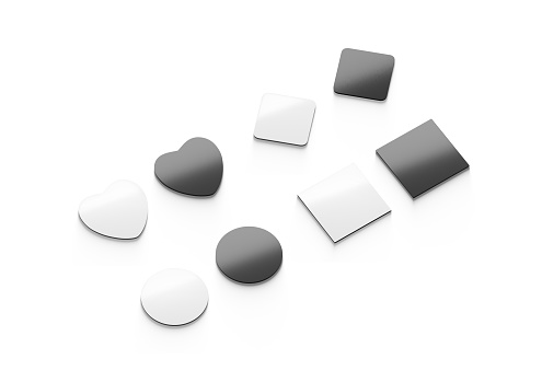 Blank black and white round, square, heart fridge magnet mockup, 3d rendering. Empty magnets sign collection for memory mock up, isolated, side view. Clear attached magnetized button template.