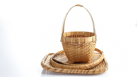 Bamboo Rattan Basket and Plate Wicker Isolated on White