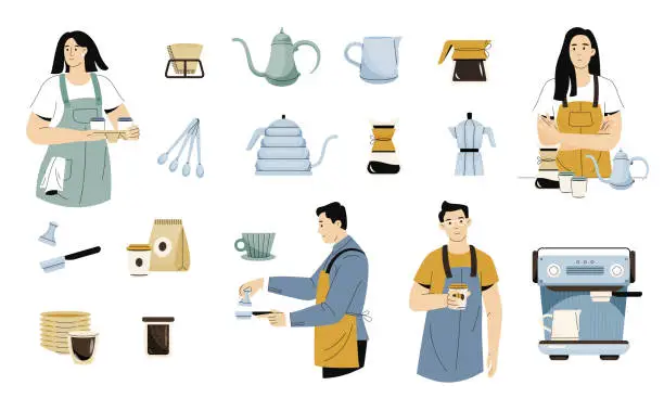 Vector illustration of Barista with equipment. Cafe workers preparing coffee and other beverages, cafe and coffee shop characters with cups devices. Vector set