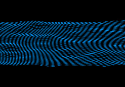 Blue wavy lines forming a digital pattern, similar to sound waves, on a dark black background.