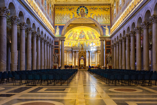 Rome, Italy - March 29, 2023: Interior of the Basilica of Saint Paul Outside the Walls. One of the four papal basilicas. With its imposing Byzantine structure, it is the largest patriarchal basilica in Rome