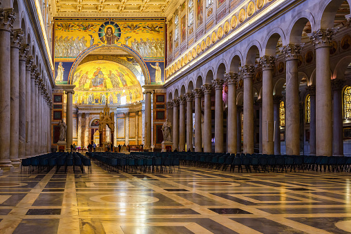 Rome, Italy - March 29, 2023: Interior of the Basilica of Saint Paul Outside the Walls. One of the four papal basilicas. With its imposing Byzantine structure, it is the largest patriarchal basilica