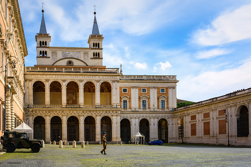Rome, Italy - March 29, 2023: The northern facade of the Basilica di San Giovanni in Laterano on the Lateran Hill. Now it is historical museum of the Papal State. Discover the beauties ancient Rome