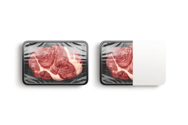 Blank transparent plastic beef tray with white label mockup, isolated, 3d rendering. Empty vacuum packaging with pork steak mock up, top view. Clear fresh rare chop in plastic container template.