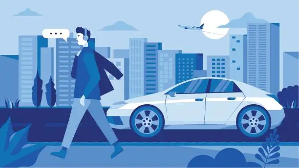 Vector illustration of Cars on city road. Man walking on street and talking with phone. Urban infrastructure and transport traffic.