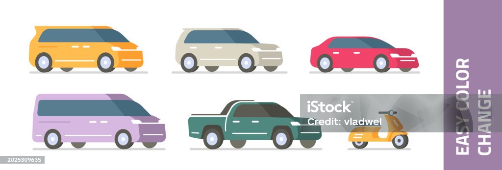 Car set icon vector graphic isolated illustration flat cartoon, suv, scooter, van, mini bus, pickup truck, sedan vehicle auto ride types red yellow blue green side front simple minimal 3d design image Car stock vector Car set icon vector graphic isolated illustration flat cartoon, suv, scooter, van, mini bus, pickup truck, sedan vehicle auto ride types red yellow blue green side front simple minimal 3d design image Car stock vector
