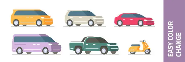 Vector illustration of Car set icon vector graphic isolated illustration flat cartoon, suv, scooter, van, mini bus, pickup truck, sedan vehicle auto ride types red yellow blue green side front simple minimal 3d design image