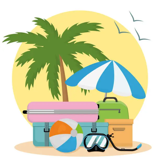 Vector illustration of Summer landscape travel. Suitcases on the background of a palm tree in the cartoon style.
