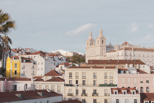View of Alfama district with Monastery of São Vicente de Fora from Santa Luzia Viewpoint at Lisbon, Portugal.
