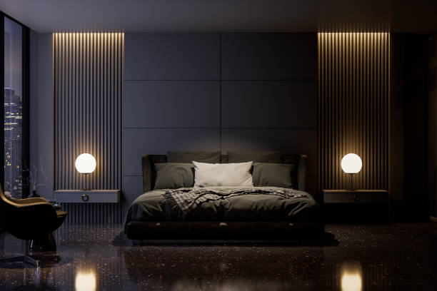 istock Modern style luxury black master bedroom with city view in the night 3d render 2025323600